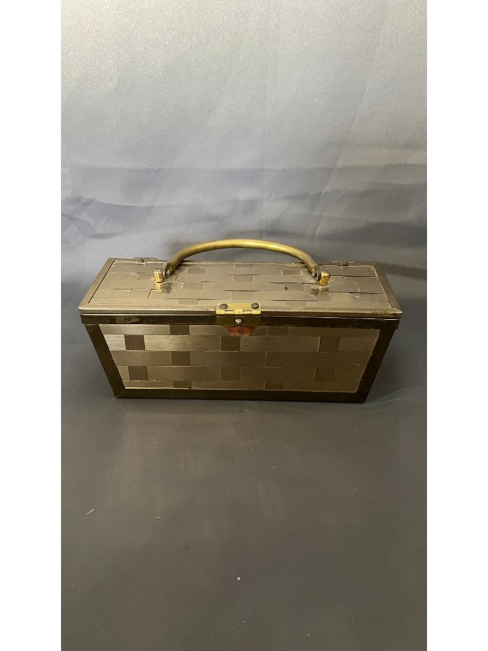 Woven Brass Metallic Box Purse With Red Lined Interior & Handle